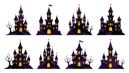 Set of spooky haunted castle silhouettes with glowing windows © icon_art