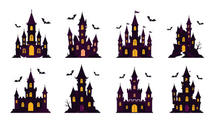 Set of spooky haunted castle silhouettes with bats © icon_art