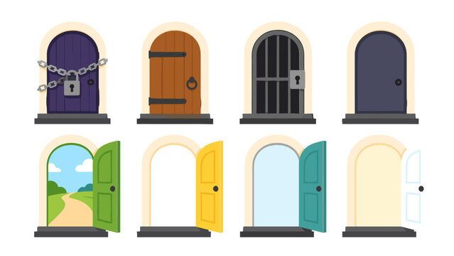 Set of arched doors in open, closed, locked and barred styles