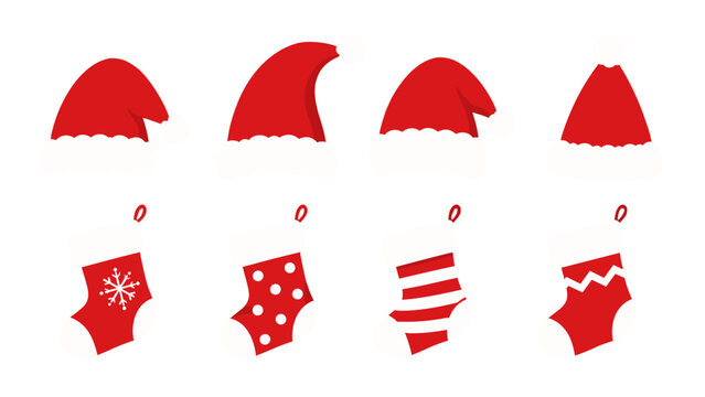 Set of red Santa hats and Christmas stockings on white