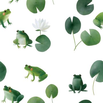 Watercolor seamless pattern of green frogs and lily pads with lily pad frog pattern watercolor seamless amphibian illustration botanical background wildlife creature repeating decoration