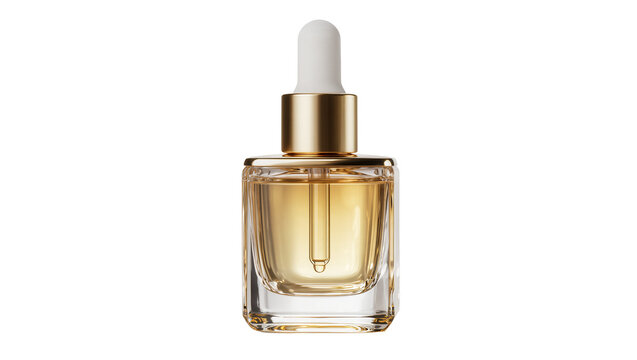 Glass dropper bottle with golden cosmetic serum