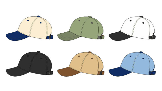 Set of six baseball caps in different colors, vector illustration