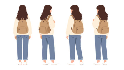 Obraz premium Woman with backpack shown from back in multiple standing poses
