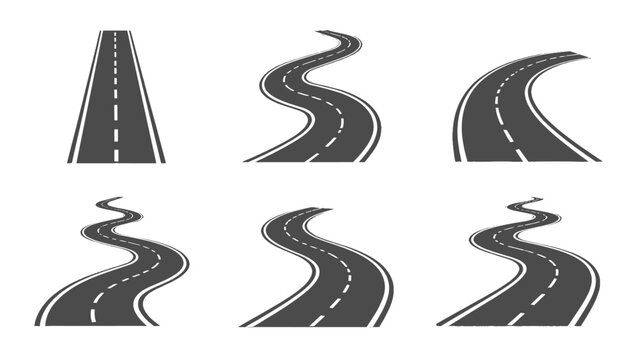 Set of curved and straight road icons on white background