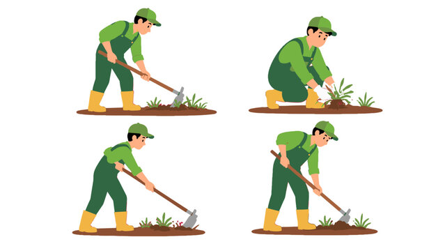 Gardener weeding soil with hoe in flat vector set