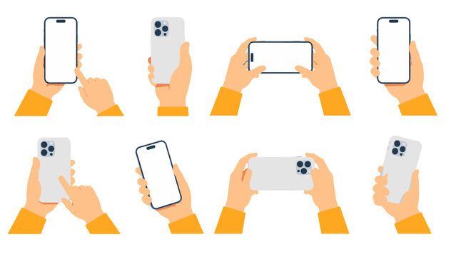 Hands holding smartphone in multiple poses flat vector set