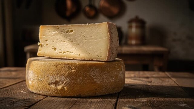 Rustic aged cheese wheel and wedge on wooden table in cozy kitchen setting