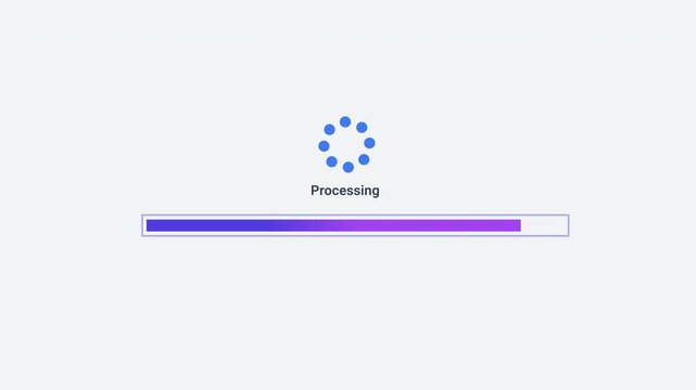 Animated processing progress bar with loading icon and smooth fill movement on a clean background. Ideal for task execution, data processing, workflow tracking, system operations, and technology inter