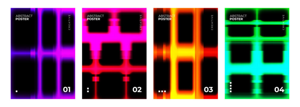Set of Abstract Posters. Vibrant blurred neon gradient light effect. Glitch aesthetic. Creative graphic designs. Vector illustration.