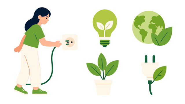 Eco energy vector set with woman plugging in cable