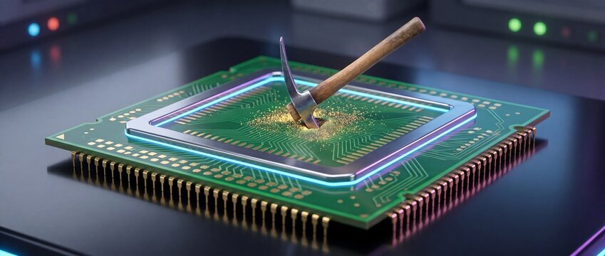 Digital currency mining concept a pickaxe striking a computer chip symbolizing cryptocurrency extraction and the intense processing power required for blockchain technology