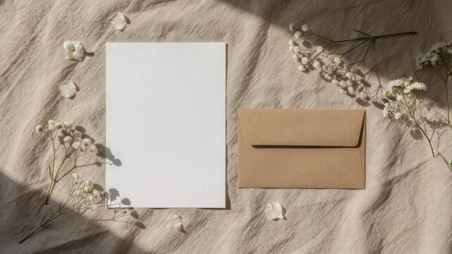 Blank white card with brown envelope and delicate white flowers on textured fabric background