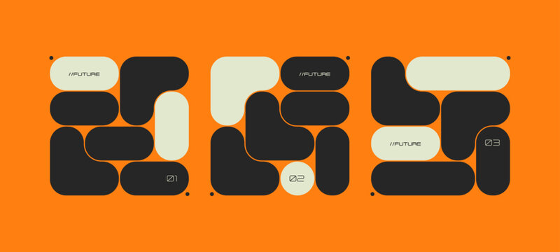 Grid layout with bento style shapes and modern design elements. Abstract geometric boxes create mosaic pattern with squares, circles and organic forms. Creative grid template for web UI and poster.