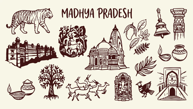 madhya pradesh tourism heritage pattern, traditional indian state background, cultural travel illustration, madhya pradesh print, heritage icons, travel design, cultural art, madhya pradesh wallpaper
