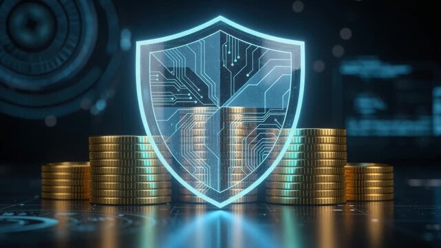 Digital security concept with glowing shield and stacked gold coins representing cryptocurrency protection
