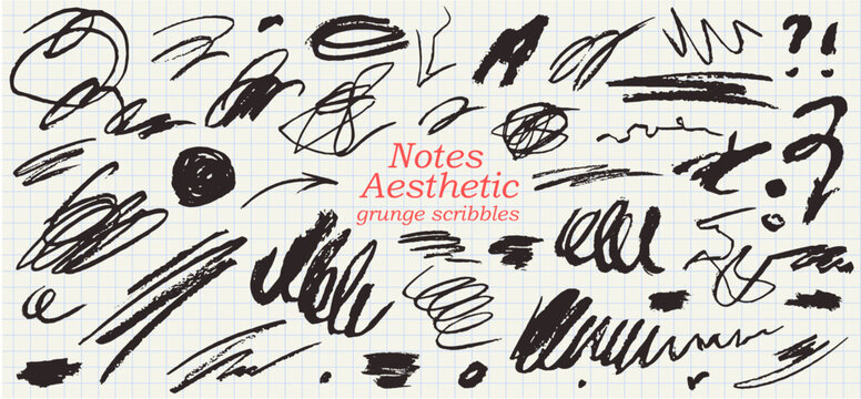 Grunge rough chalk scribbles or charcoal scratches. Abstract charcoal or brush stroke design elements for scrapbook, collage, notes and diary designs. Hand drawn thin, bold and wavy squiggles.
