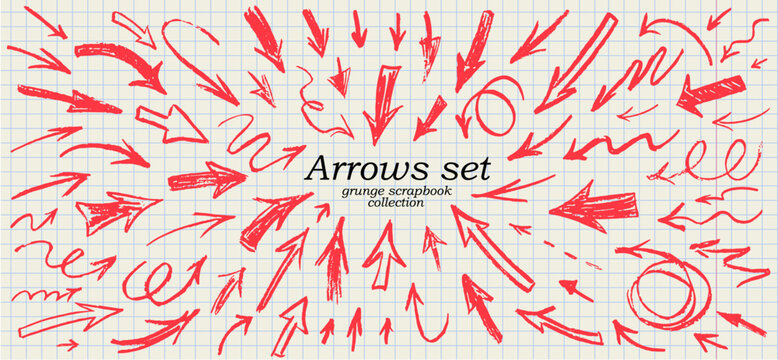 Grunge ball pen or chalk red doodle arrows and pointers. Hand drawn grunge thin, bold and wavy arrows on checkered paper background for scrapbook, collage, notes, diary and school children designs.