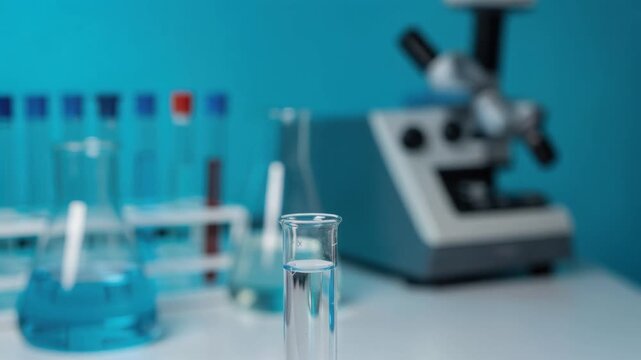 Scientist using pipette with clear liquid in laboratory glassware with microscope and test tubes in background