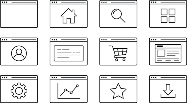 Website interface line icon set featuring browser windows with home search shopping cart and settings