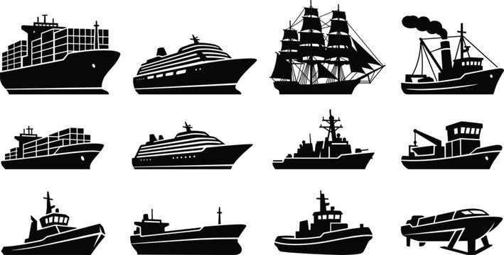 Set of ship and boat black silhouettes icon collection representing maritime transport logistics cruise tourism and marine industry vectors