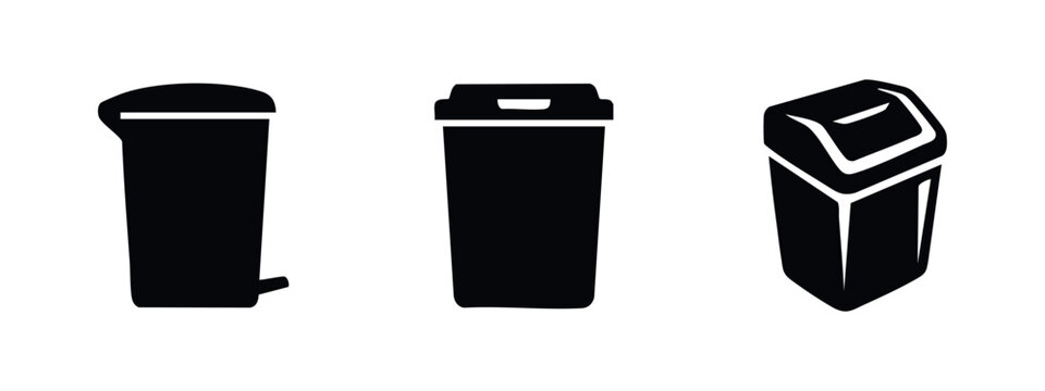 Collection of trash can and waste bin icons - garbage disposal and recycling symbols