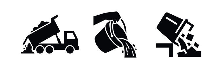 Dump truck and pouring materials icons - construction, waste, and material handling symbols © Lili