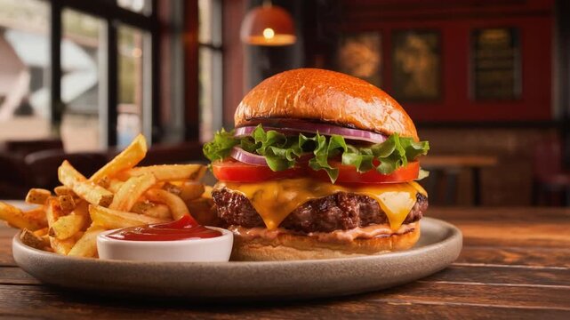 Delicious cheeseburger with fresh lettuce tomato and onion served with crispy fries and ketchup in a cozy restaurant