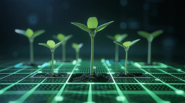 Young green seedlings growing on futuristic digital grid representing technology and sustainable growth