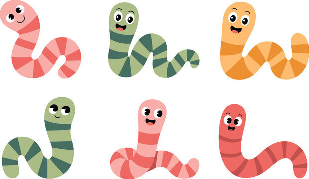Set of six colorful cartoon worms with happy faces