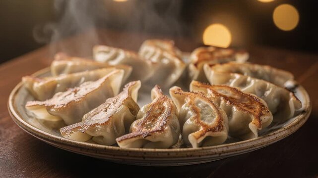 Delicious steamed and pan-fried dumplings served on a plate with steam rising in warm lighting