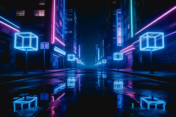 Obraz premium A futuristic cyberpunk city street at night, with wet pavement reflecting bright neon lights and floating glowing cube structures lining the road.