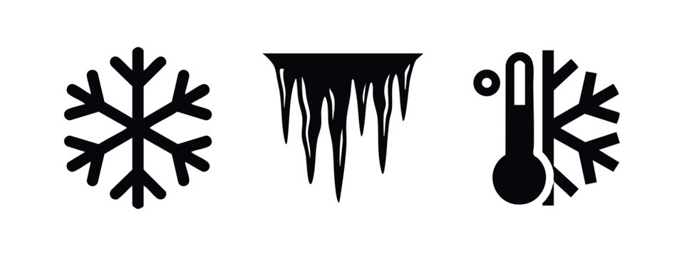 Winter and cold weather icons - snowflake, icicles, and freezing temperature symbols
