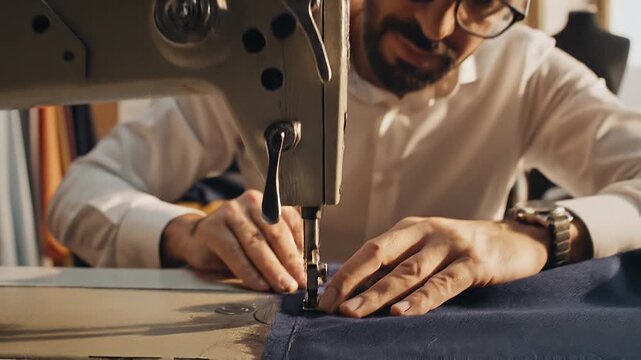 Tailor using sewing machine in workshop.