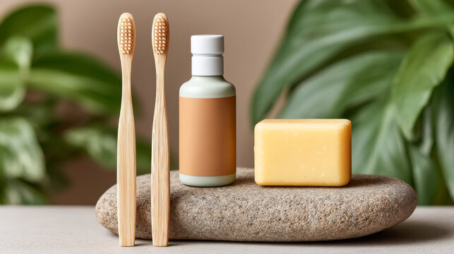 Eco-friendly toothbrushes with soap and bottle on stone in natural setting