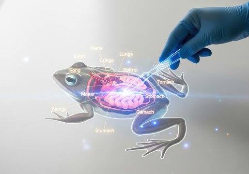 Gloved hand manipulating holographic frog anatomy isolated on white background