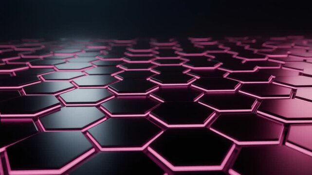 Futuristic black hexagonal grid with glowing pink neon edges modern technology background