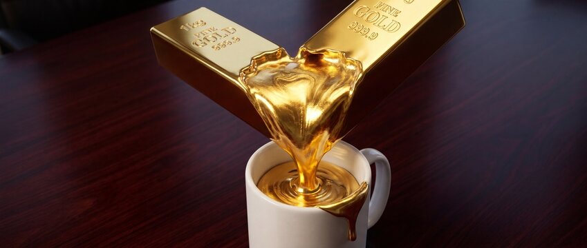Molten gold bars pouring liquid precious metal into a white mug symbolizing wealth investment luxury and the transformation of assets into tangible value with a dark wooden background