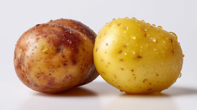 Two fresh potatoes rest on a clean, bright surface. One has brownish skin, the other is yellow and speckled. Dewy skin suggests recent harvest or gentle washing