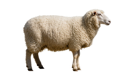 Fototapeta premium Fluffy white sheep with thick wool standing profile view