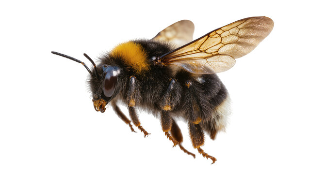 Fuzzy bumblebee with black and yellow stripes in flight