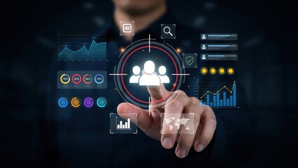 Fototapeta premium Hand selecting diverse group icons with futuristic tech interface
