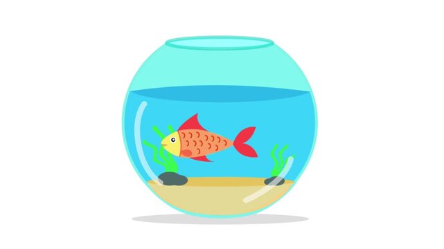 Cartoon orange goldfish swimming inside a round glass fishbowl.