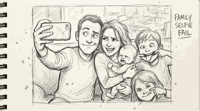Family selfie fail pencil sketch, funny chaotic family portrait with crying baby and silly kids, hand-drawn storyboard illustration of parenting life