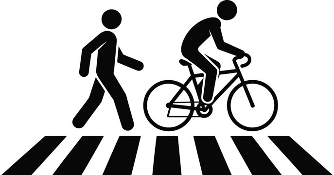 Pedestrian and Bicycle Crossing Icon, Traffic Sign Illustration Featuring Person Pushing Bicycle Across Zebra Crossing, Urban Mobility Safety Symbol for Road Regulations and Transport