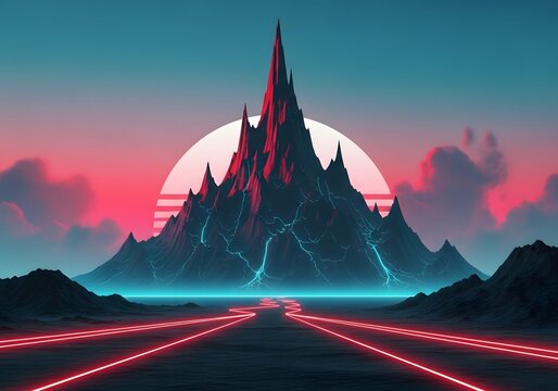 Pixel art mountain with a sunset sky and neon road