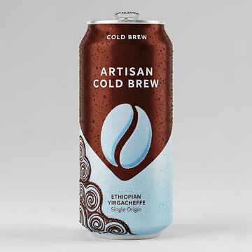 Artisan cold brew coffee bottle with logo.