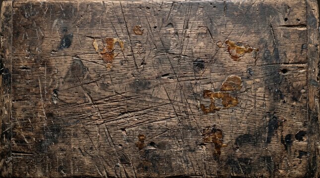 A close-up shot of a weathered wooden surface with scratches and marks outdoors in a natural environment from a neutral viewpoint.