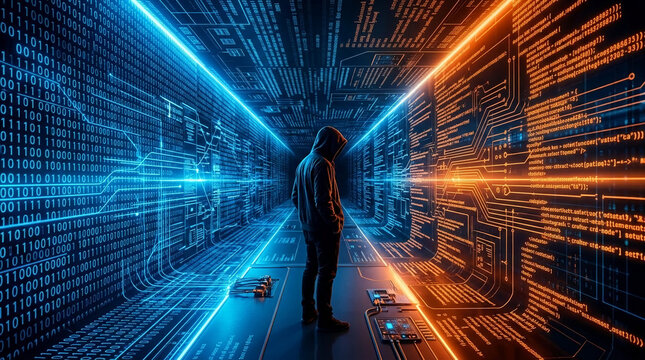 A figure in a hoodie stands amidst a digital landscape of binary code and circuit board patterns, symbolizing technology, data, and cyberspace