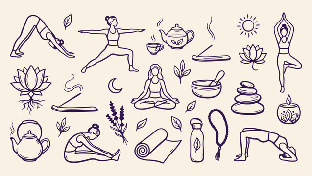 yoga wellness meditation practice pattern, calm mindful yoga exercise background, serene meditation illustration, wellness activity yoga print, yoga practice icons, peaceful wellness design, athletic 